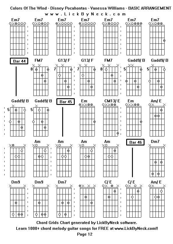 Chord Grids Chart of chord melody fingerstyle guitar song-Colors Of The Wind - Disney Pocahontas - Vanessa Williams - BASIC ARRANGEMENT,generated by LickByNeck software.